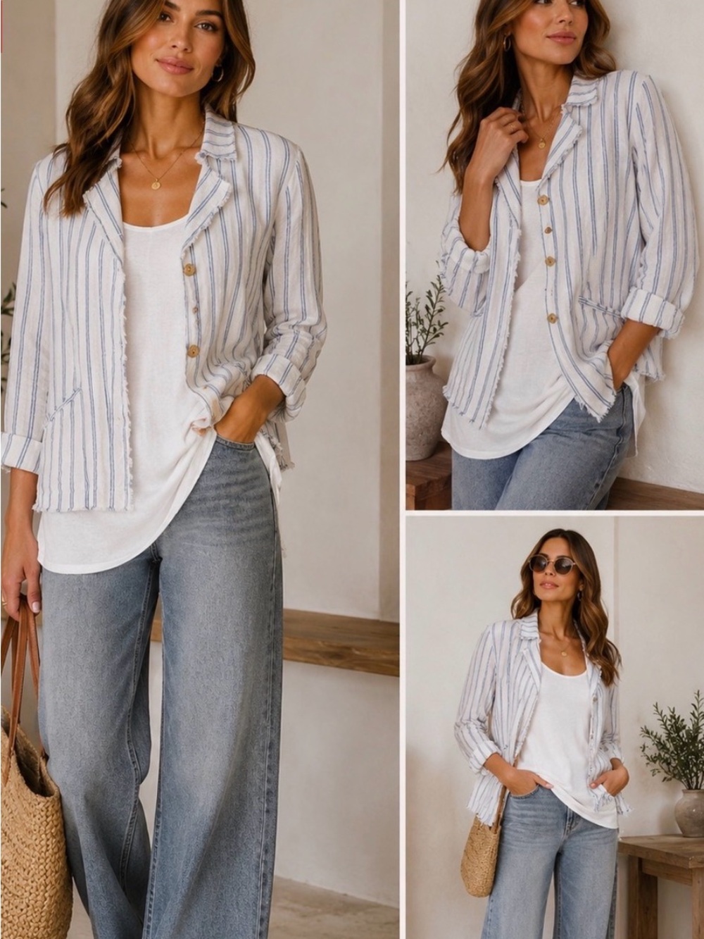 Jones NY 100% Linen Blue & White Striped Blazer/Shirt Coastal Hamptons - Large